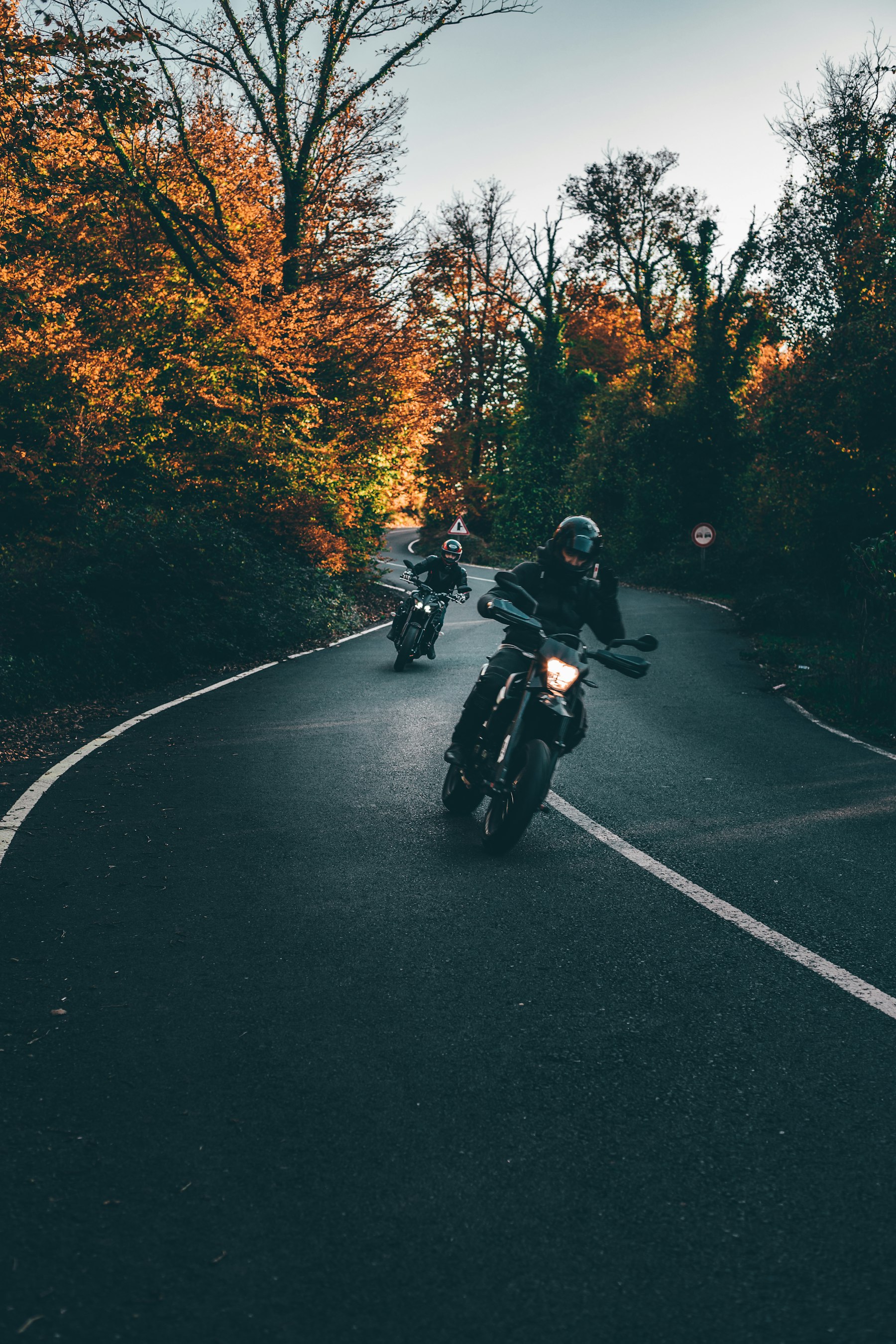 Deux motards en balade sur une route de forêt en automne